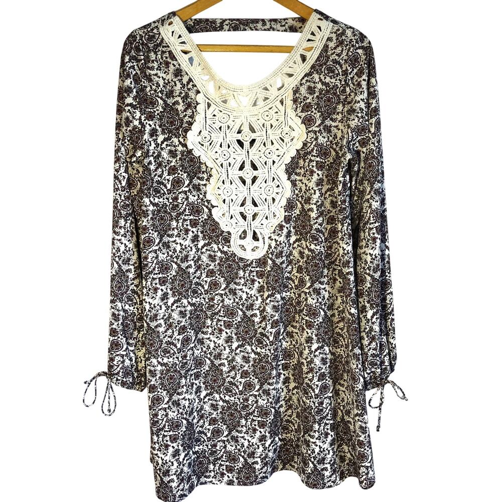 Lila Clothing Co Long Sleeve Sheath Dress Crochet Paisley Floral Large Boho